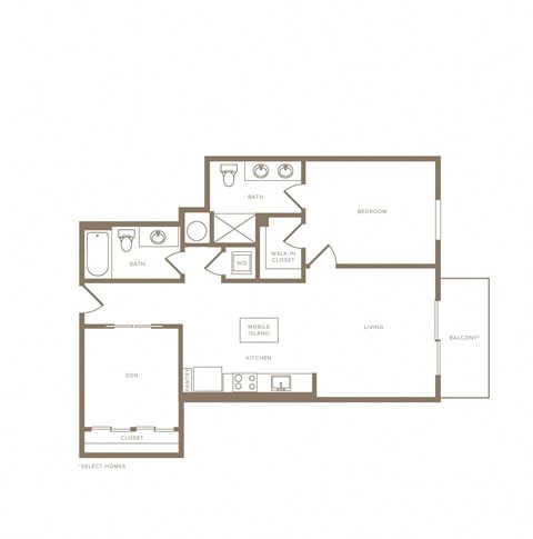 Floor plan for 1 bed, 2 baths, 1019 sqft